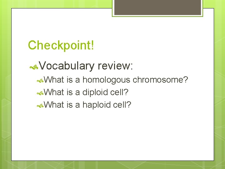 Checkpoint! Vocabulary What review: is a homologous chromosome? What is a diploid cell? What