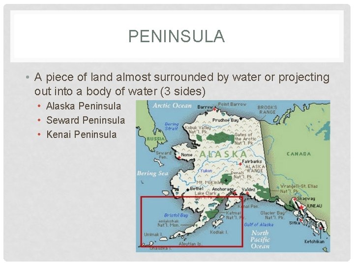 PENINSULA • A piece of land almost surrounded by water or projecting out into