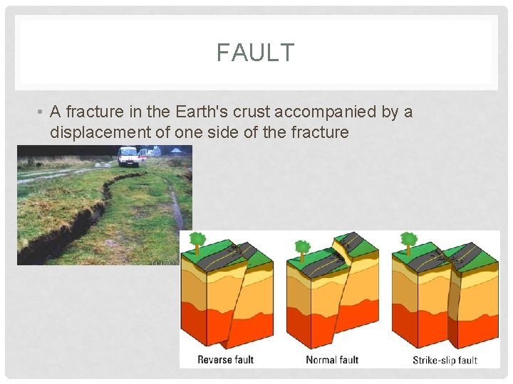 FAULT • A fracture in the Earth's crust accompanied by a displacement of one