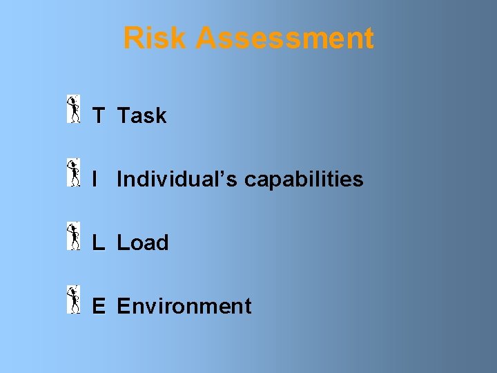 Risk Assessment T Task I Individual’s capabilities L Load E Environment 