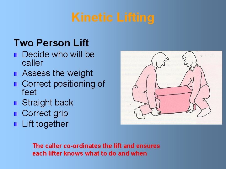 Kinetic Lifting Two Person Lift Decide who will be caller Assess the weight Correct