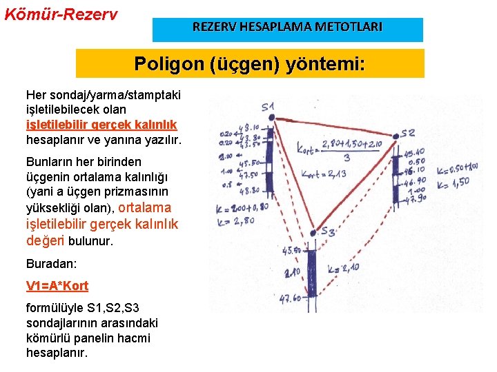 Kömür-Rezerv REZERV HESAPLAMA METOTLARI Poligon (üçgen) yöntemi: Her sondaj/yarma/stamptaki işletilebilecek olan işletilebilir gerçek kalınlık