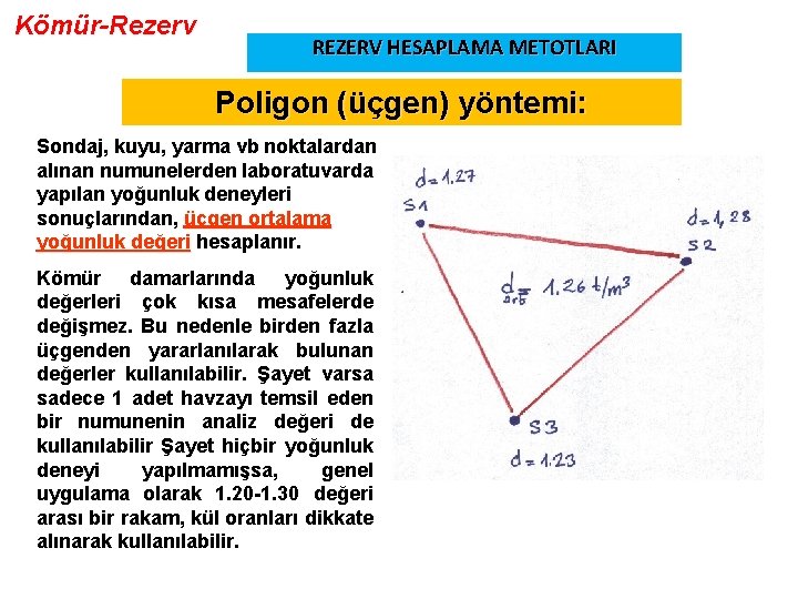 Kömür-Rezerv REZERV HESAPLAMA METOTLARI Poligon (üçgen) yöntemi: Sondaj, kuyu, yarma vb noktalardan alınan numunelerden