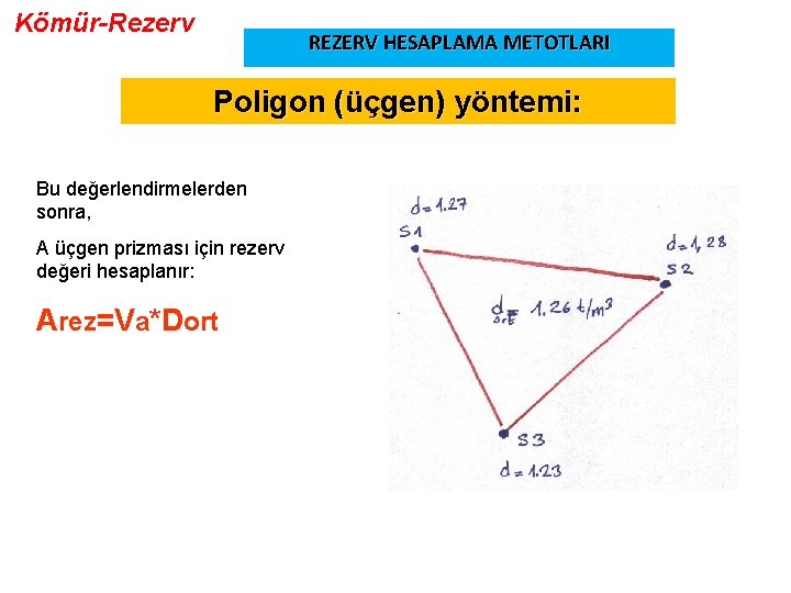 Kömür-Rezerv REZERV HESAPLAMA METOTLARI Poligon (üçgen) yöntemi: Bu değerlendirmelerden sonra, A üçgen prizması için