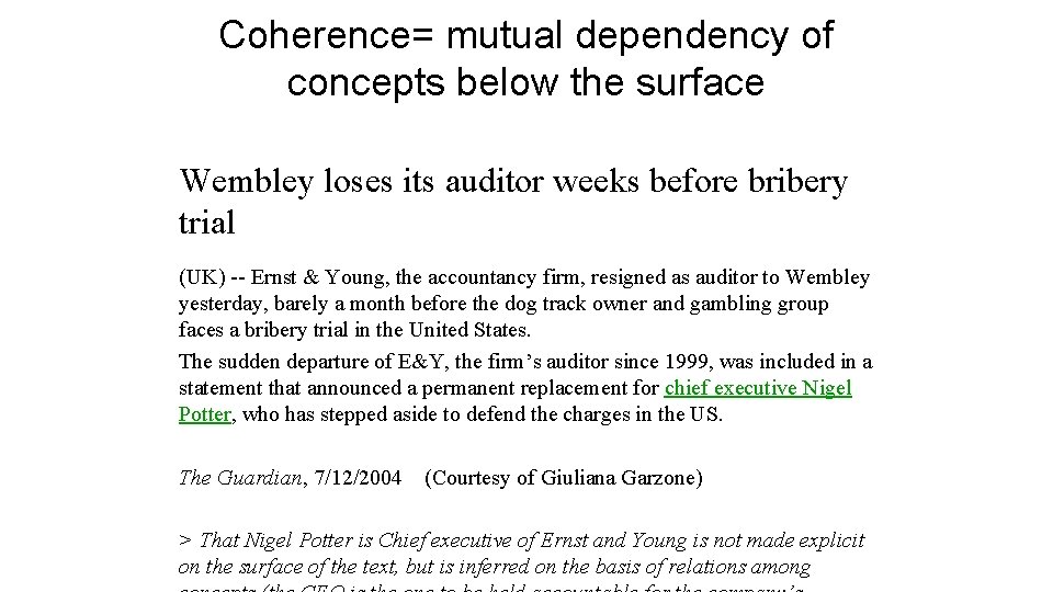 Coherence= mutual dependency of concepts below the surface Wembley loses its auditor weeks before