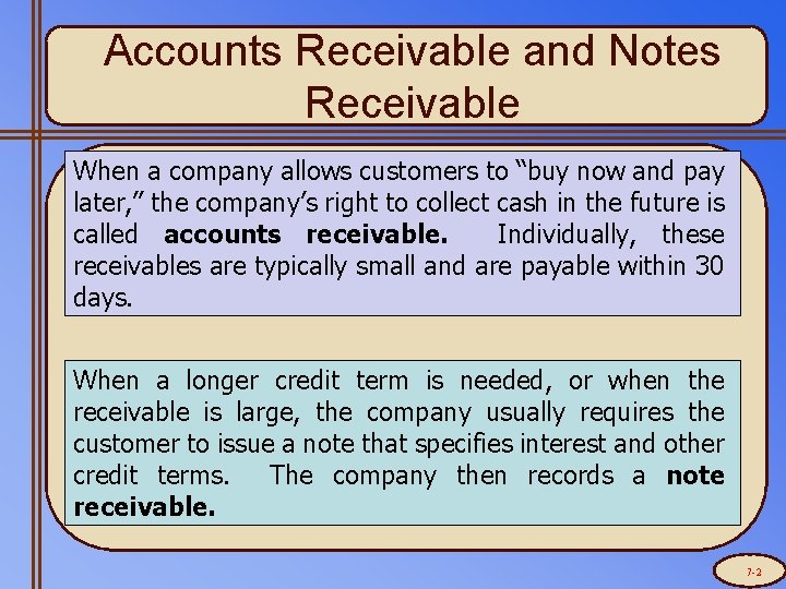 Accounts Receivable and Notes Receivable When a company allows customers to “buy now and