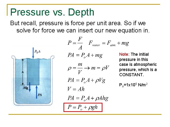 Pressure vs. Depth But recall, pressure is force per unit area. So if we