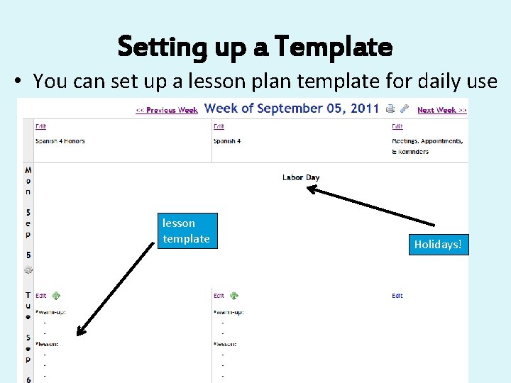 Setting up a Template • You can set up a lesson plan template for