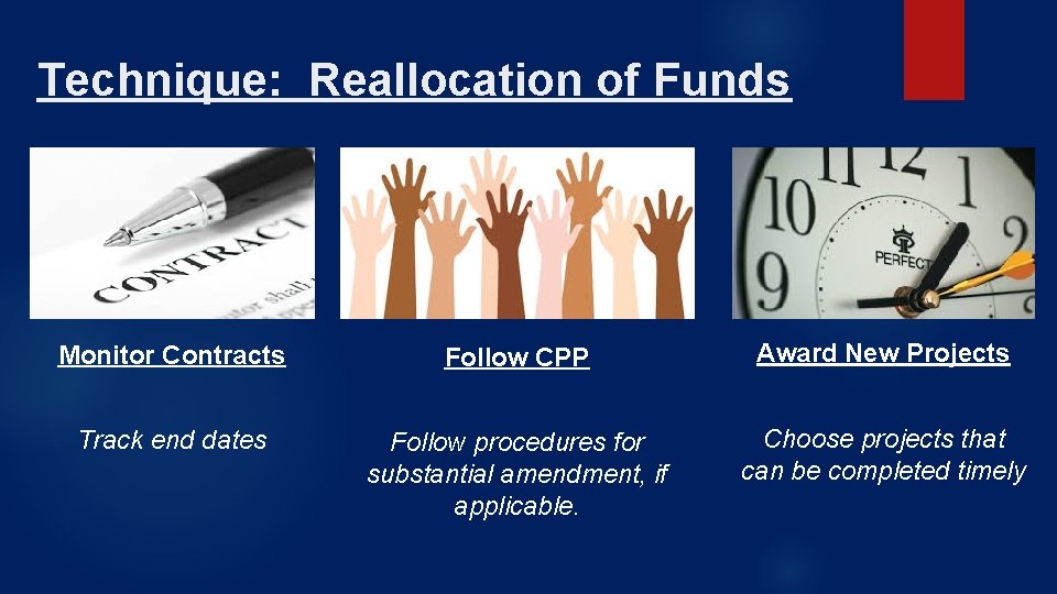 Technique: Reallocation of Funds Monitor Contracts Follow CPP Award New Projects Track end dates