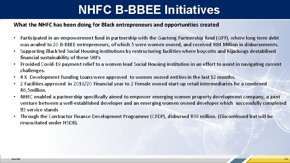 NHFC B-BBEE Initiatives What the NHFC has been doing for Black entrepreneurs and opportunities