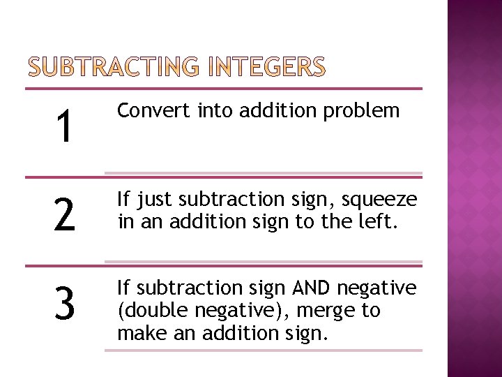 1 Convert into addition problem 2 If just subtraction sign, squeeze in an addition