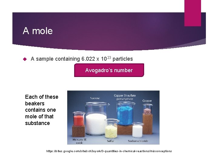 A mole A sample containing 6. 022 x 1023 particles Avogadro’s number Each of A mole A sample containing 6. 022 x 1023 particles Avogadro’s number Each of