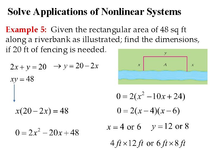 Solve Applications of Nonlinear Systems Example 5: Given the rectangular area of 48 sq