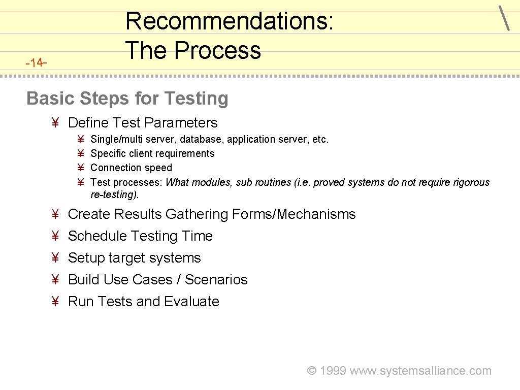 Recommendations: The Process -14 - Basic Steps for Testing ¥ Define Test Parameters ¥