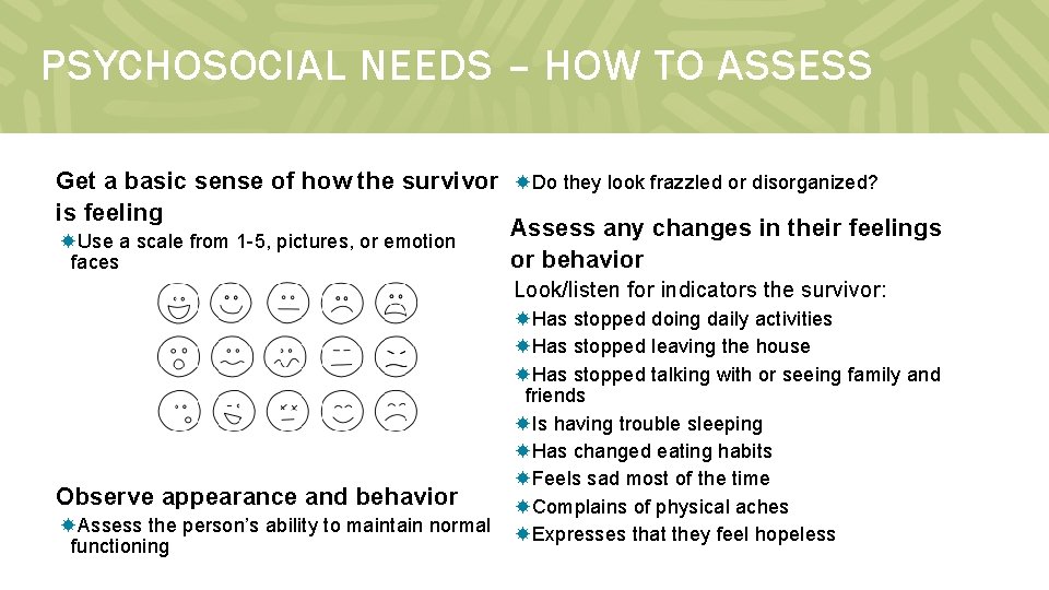 PSYCHOSOCIAL NEEDS – HOW TO ASSESS Get a basic sense of how the survivor