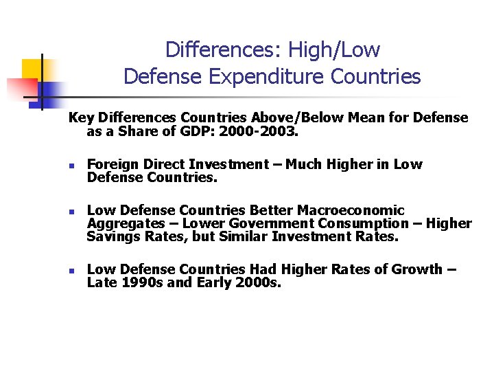 Differences: High/Low Defense Expenditure Countries Key Differences Countries Above/Below Mean for Defense as a