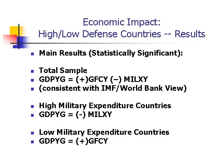 Economic Impact: High/Low Defense Countries -- Results n n n n Main Results (Statistically