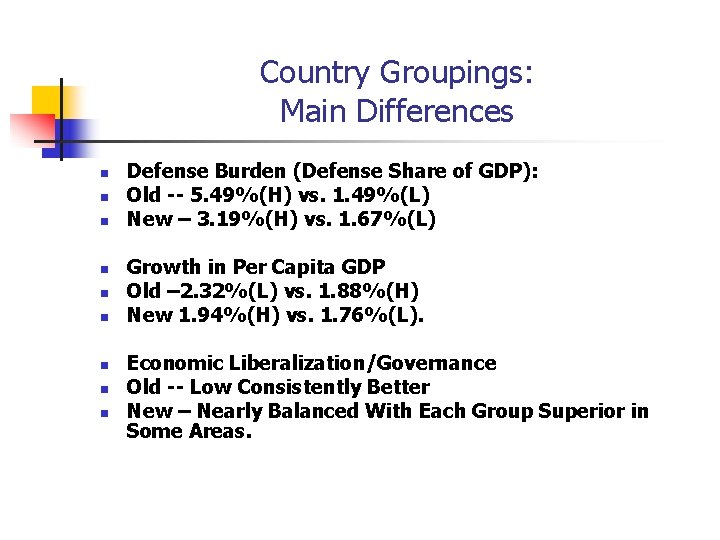 Country Groupings: Main Differences n n n n n Defense Burden (Defense Share of