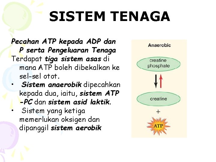 SISTEM TENAGA Pecahan ATP kepada ADP dan P serta Pengeluaran Tenaga Terdapat tiga sistem