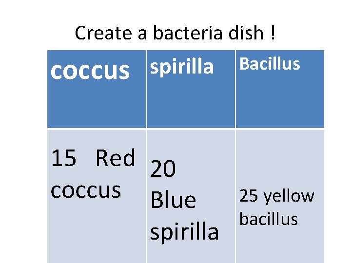 Create a bacteria dish ! coccus spirilla 15 Red 20 coccus Blue spirilla Bacillus