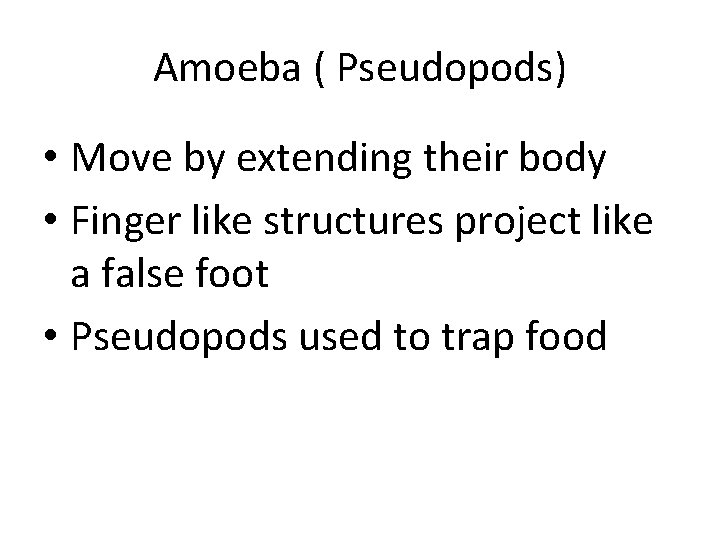 Amoeba ( Pseudopods) • Move by extending their body • Finger like structures project
