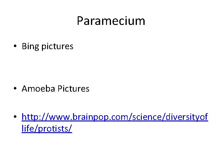Paramecium • Bing pictures • Amoeba Pictures • http: //www. brainpop. com/science/diversityof life/protists/ 
