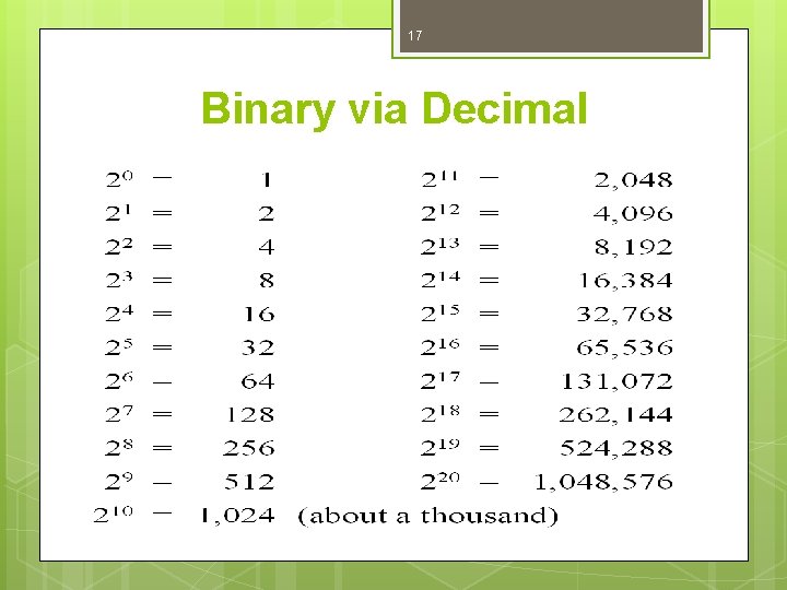 17 Binary via Decimal 