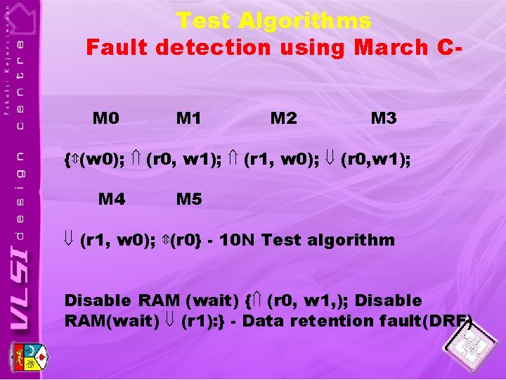 Test Algorithms Fault detection using March CM 0 M 1 M 2 M 3