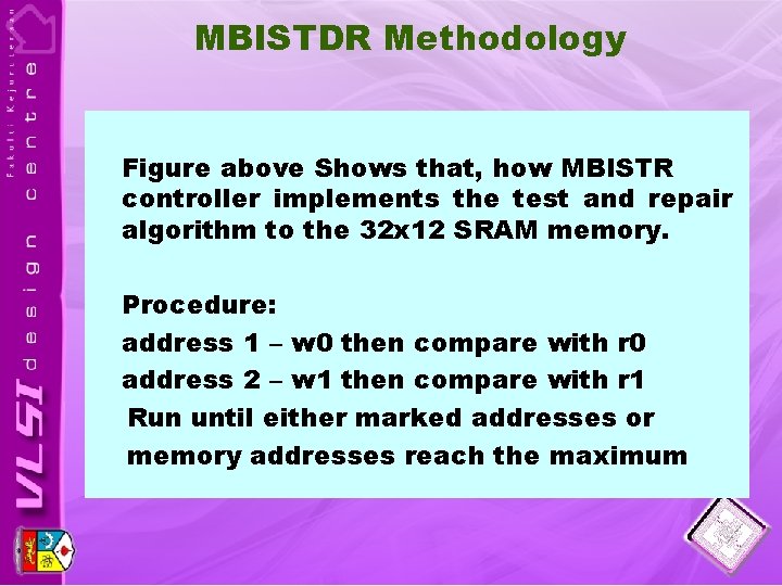 MBISTDR Methodology Figure above Shows that, how MBISTR controller implements the test and repair