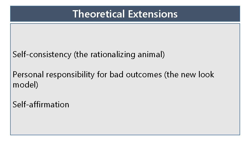 Theoretical Extensions Self-consistency (the rationalizing animal) Personal responsibility for bad outcomes (the new look