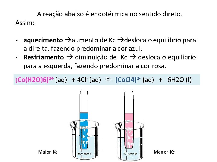 Assim: A reação abaixo é endotérmica no sentido direto. - aquecimento aumento de Kc