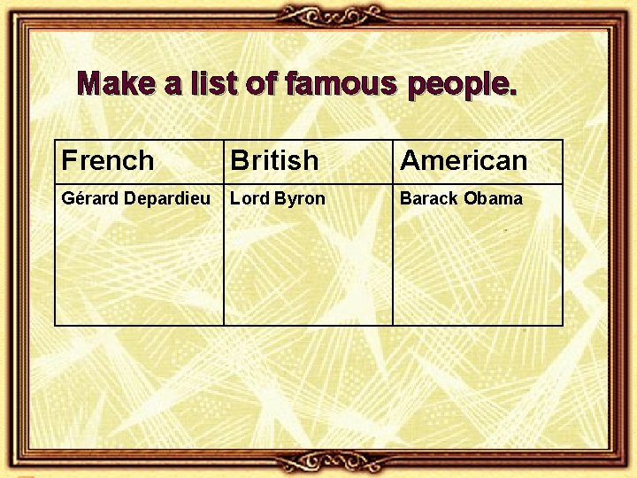 Make a list of famous people. French British American Gérard Depardieu Lord Byron Barack