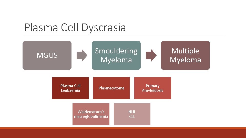 Plasma Cell Dyscrasia Smouldering Myeloma MGUS Plasma Cell Leukaemia Primary Amyloidosis Plasmacytoma Waldenstrom’s macroglobulinemia
