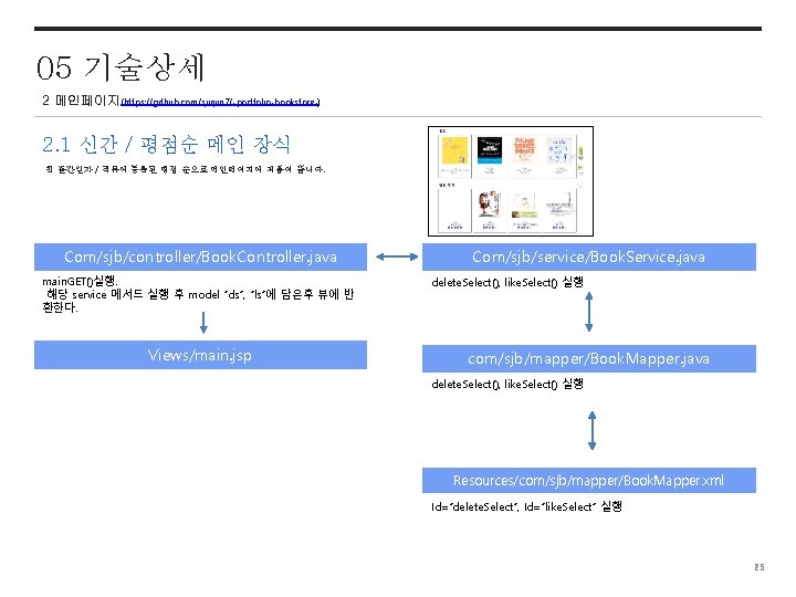 05 기술상세 2 메인페이지(https: //github. com/sjinjin 7/-portfolio-bookstore-) 2. 1 신간 / 평점순 메인 장식