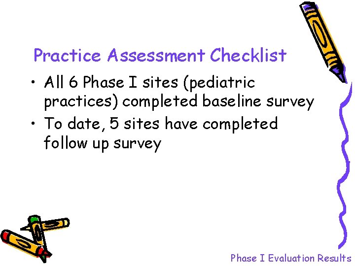 Practice Assessment Checklist • All 6 Phase I sites (pediatric practices) completed baseline survey Practice Assessment Checklist • All 6 Phase I sites (pediatric practices) completed baseline survey