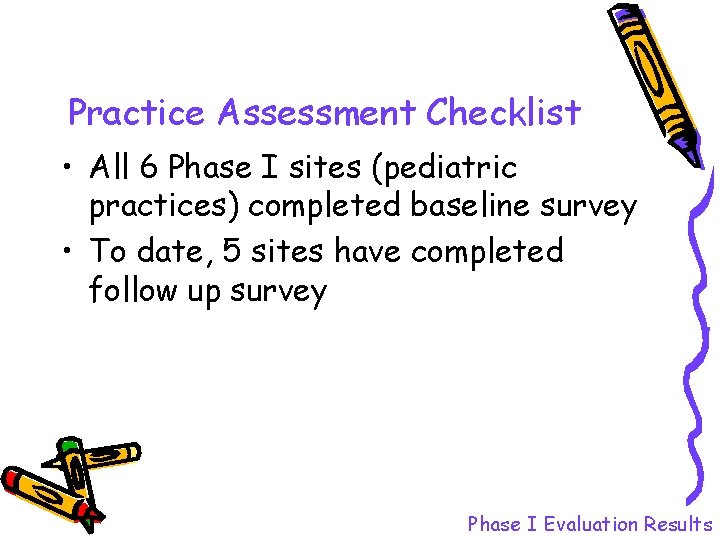 Practice Assessment Checklist • All 6 Phase I sites (pediatric practices) completed baseline survey