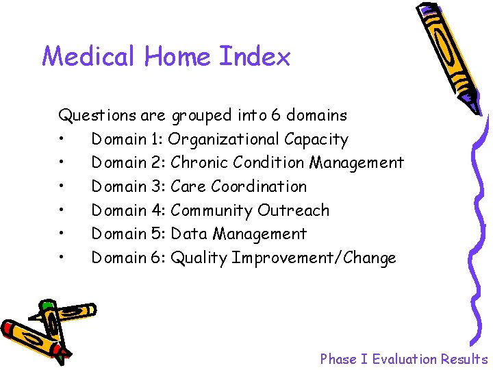 Medical Home Index Questions are grouped into 6 domains • Domain 1: Organizational Capacity