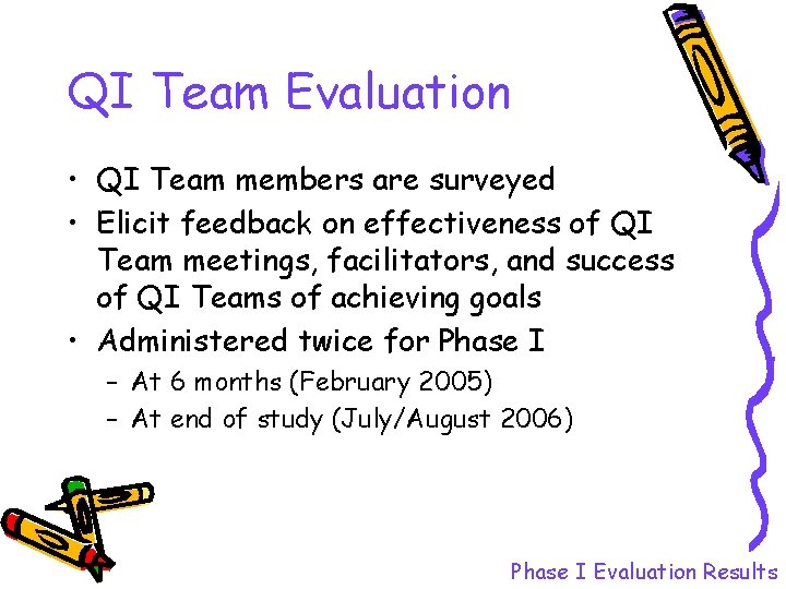 QI Team Evaluation • QI Team members are surveyed • Elicit feedback on effectiveness