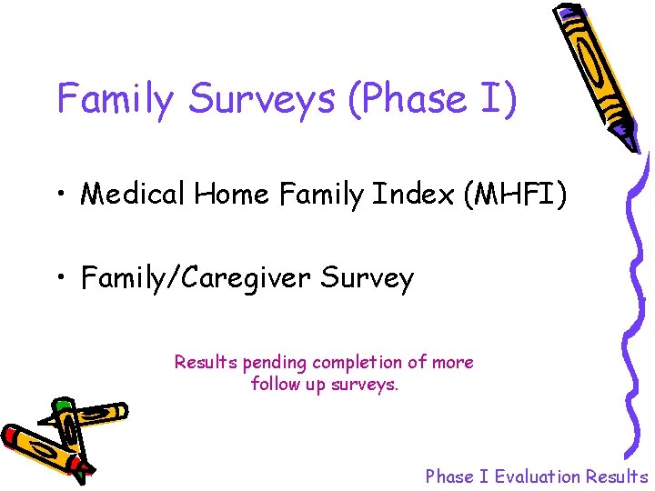 Family Surveys (Phase I) • Medical Home Family Index (MHFI) • Family/Caregiver Survey Results