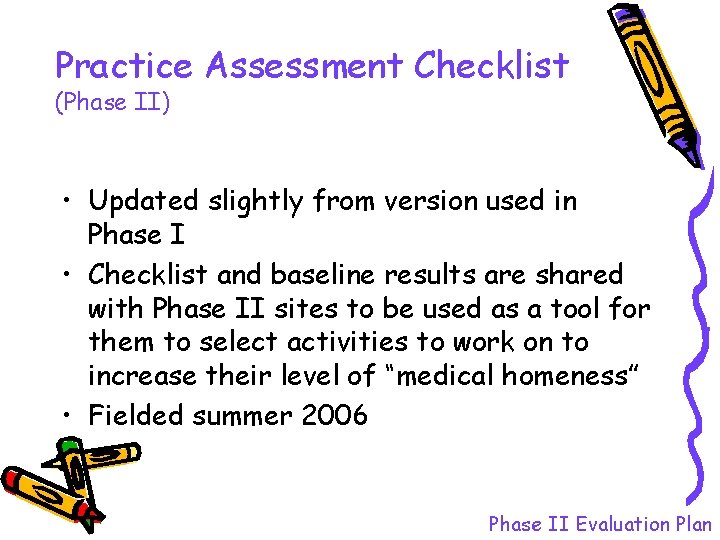 Practice Assessment Checklist (Phase II) • Updated slightly from version used in Phase I