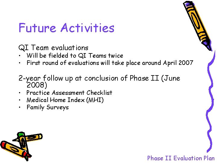 Future Activities QI Team evaluations • Will be fielded to QI Teams twice •