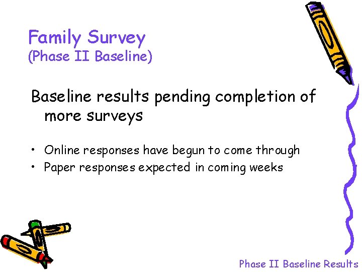 Family Survey (Phase II Baseline) Baseline results pending completion of more surveys • Online Family Survey (Phase II Baseline) Baseline results pending completion of more surveys • Online