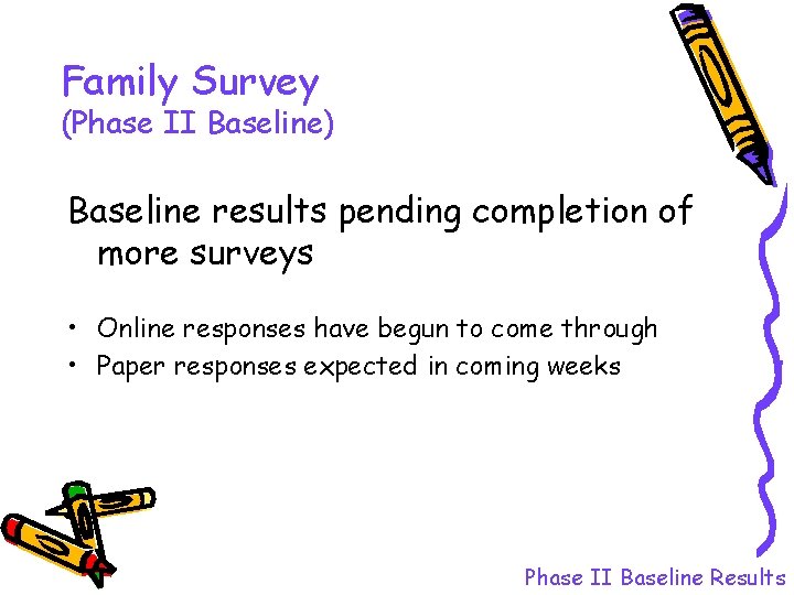 Family Survey (Phase II Baseline) Baseline results pending completion of more surveys • Online