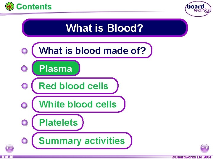 Contents What is Blood? What is blood made of? Plasma Red blood cells White