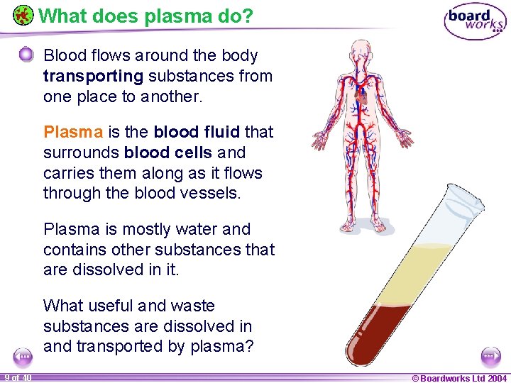 What does plasma do? Blood flows around the body transporting substances from one place