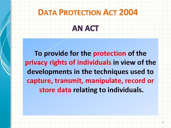 DATA PROTECTION ACT 2004 AN ACT To provide for the protection of the privacy