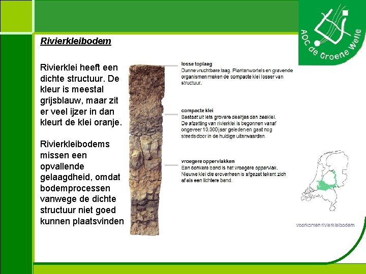 Rivierkleibodem Rivierklei heeft een dichte structuur. De kleur is meestal grijsblauw, maar zit er