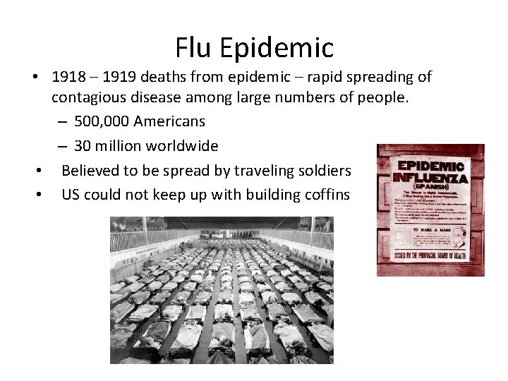Flu Epidemic • 1918 – 1919 deaths from epidemic – rapid spreading of contagious