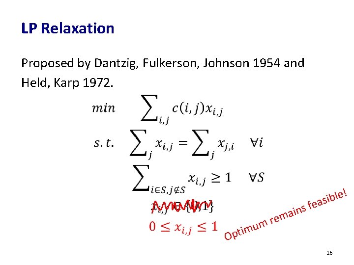 LP Relaxation Proposed by Dantzig, Fulkerson, Johnson 1954 and Held, Karp 1972. ! e LP Relaxation Proposed by Dantzig, Fulkerson, Johnson 1954 and Held, Karp 1972. ! e