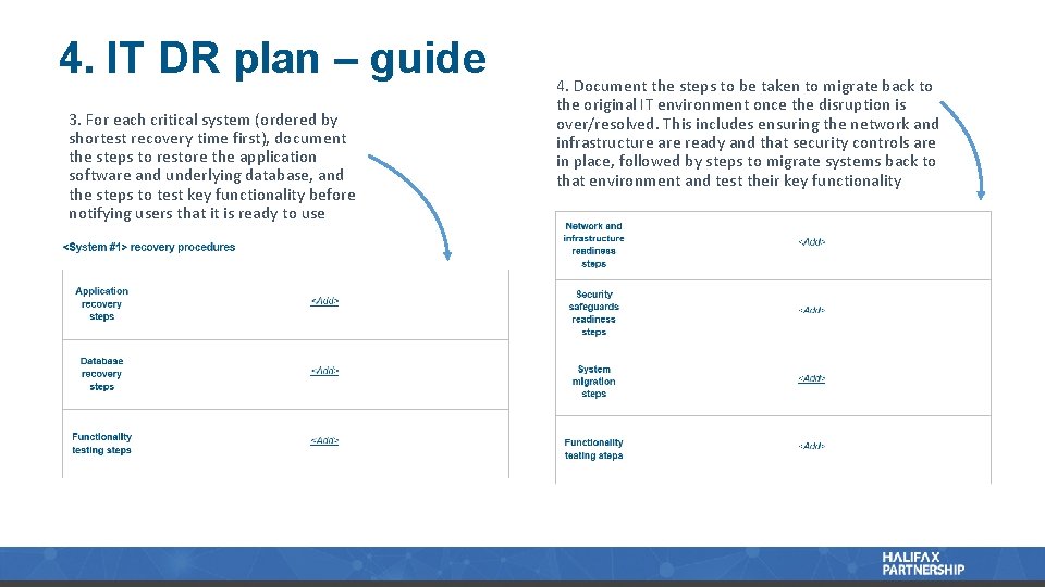 4. IT DR plan – guide 3. For each critical system (ordered by shortest